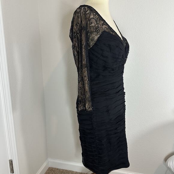 Tadashi Off Shoulder Silk Black Long Sleeve Cocktail Midi Dress Sz 10 Illusion - Picture 9 of 11